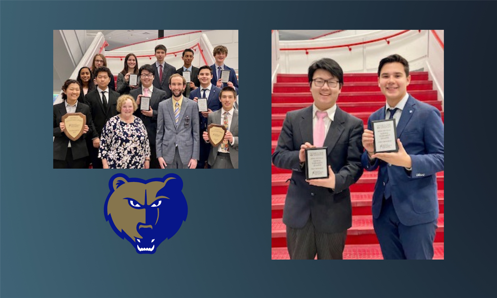 Students and teachers pose with trophies and awards